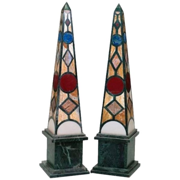 PAIR OF GREEN SERPENTINE MARBLE OBELISKS WITH LAPIS LAZULI INLAY MOSAIC